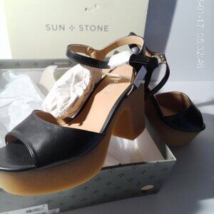 Sun + Stone Gretaa Ankle-Strap Platform Dress Sandals Size 7.5 Black